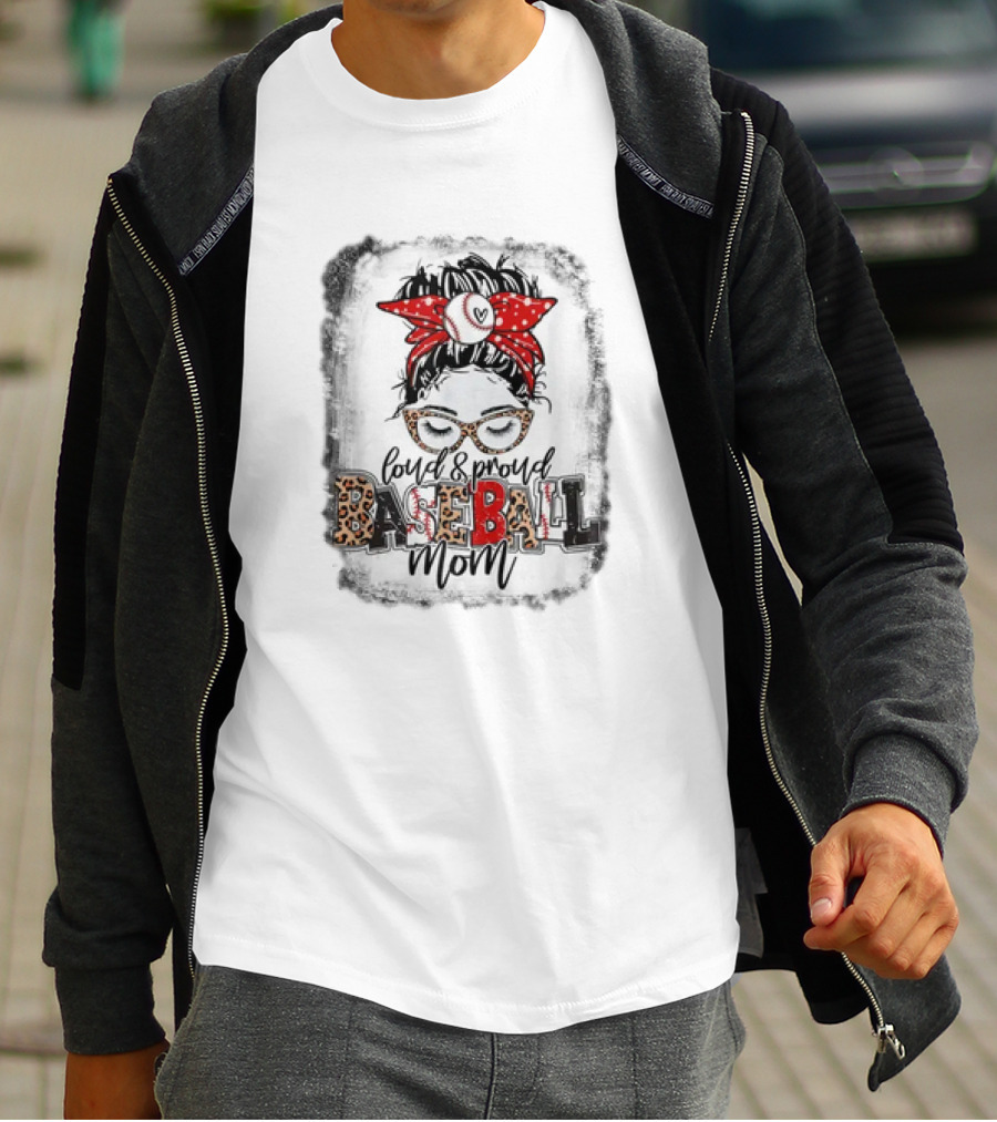 Loud Proud Baseball Mom Life Messy Bun Leopard Glasses Red Bandana T-Shirt