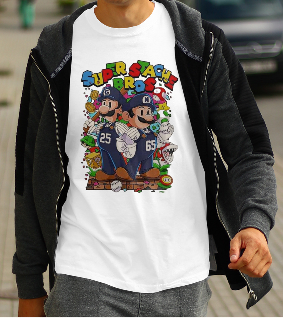 Super Stache Bros Numbers 25 And 65 Baseball Mario T-Shirt