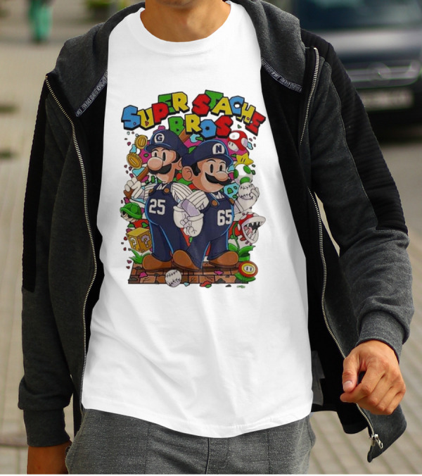 Super Stache Bros Numbers 25 And 65 Baseball Mario T-Shirt