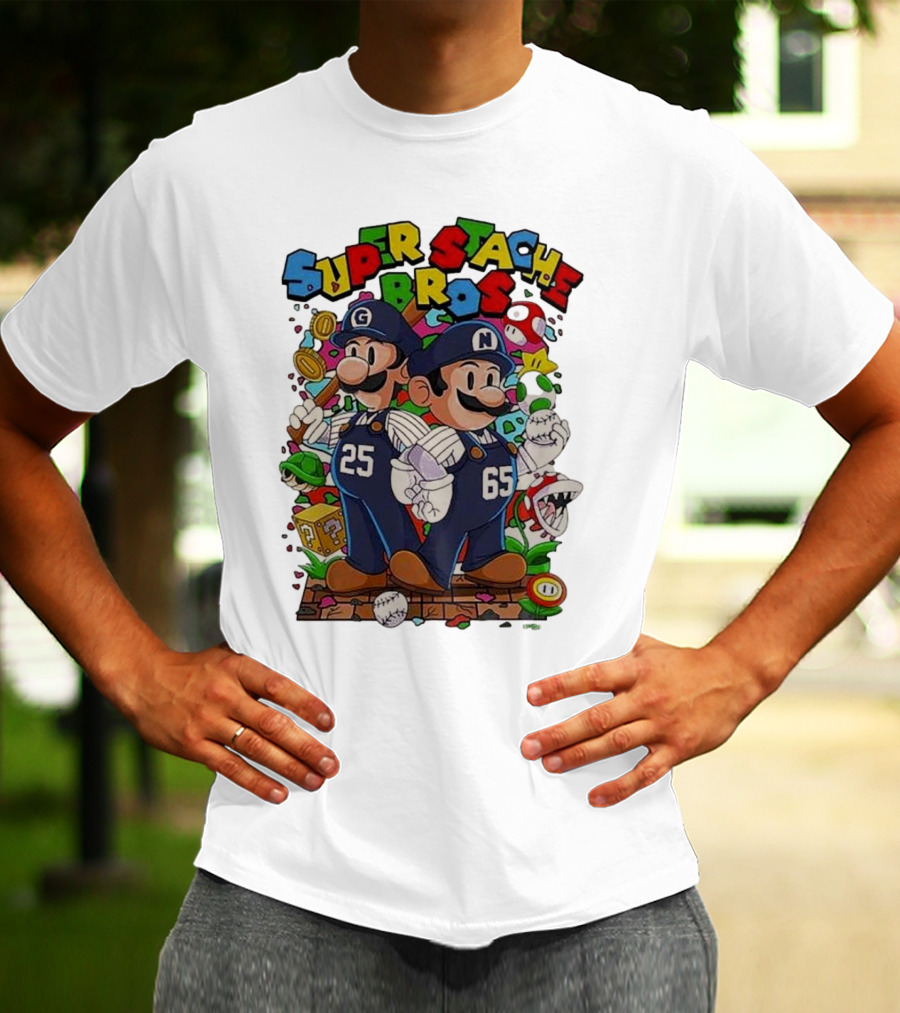 Super Stache Bros Numbers 25 And 65 Baseball Mario T-Shirt