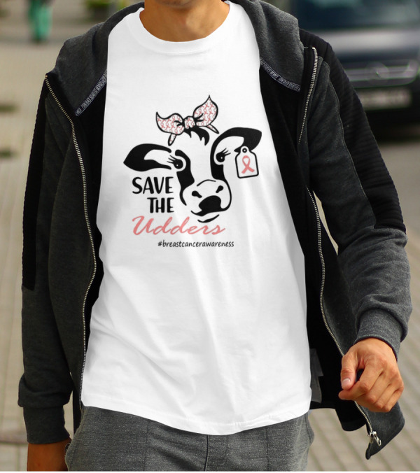 Cow Save The Udders Breast Cancer Awareness Ribbon Bow #breastcancerawareness T-Shirt