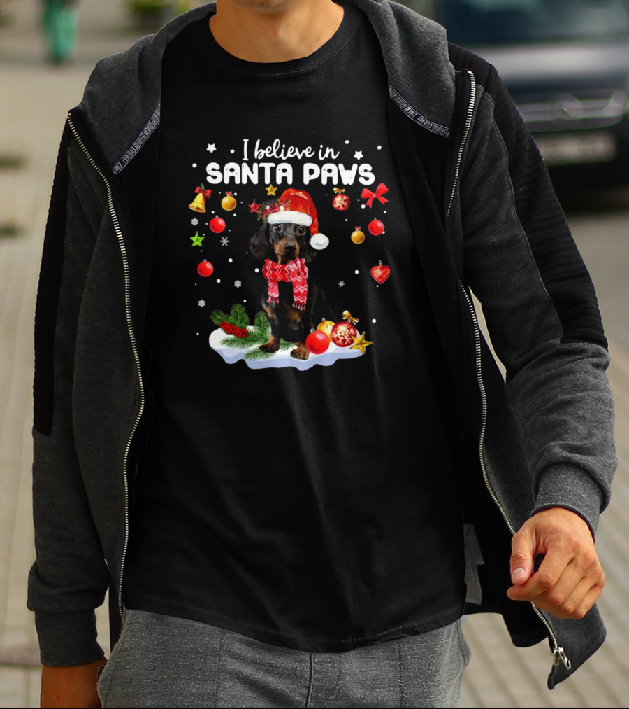 I Believe In Santa Paws Dachshund Merry Christmas T-Shirt