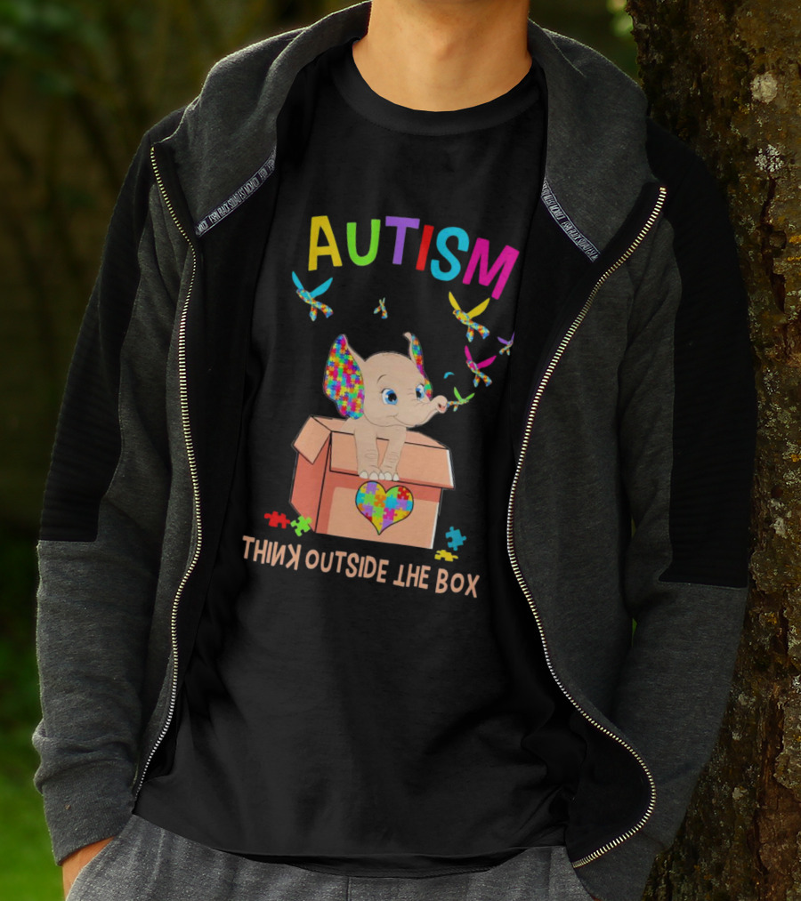 AUTISM Think Outside The Box Elephant With Puzzle Pieces And Butterflies T-Shirt