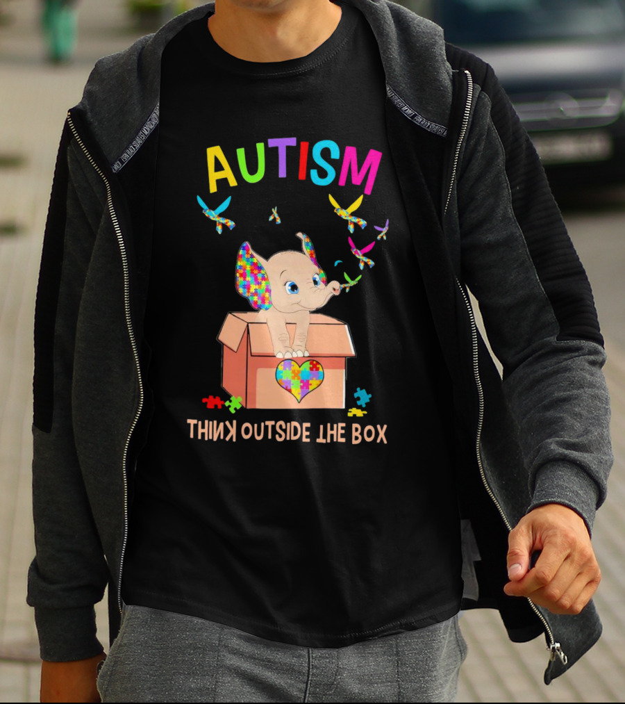 AUTISM Think Outside The Box Elephant With Puzzle Pieces And Butterflies T-Shirt