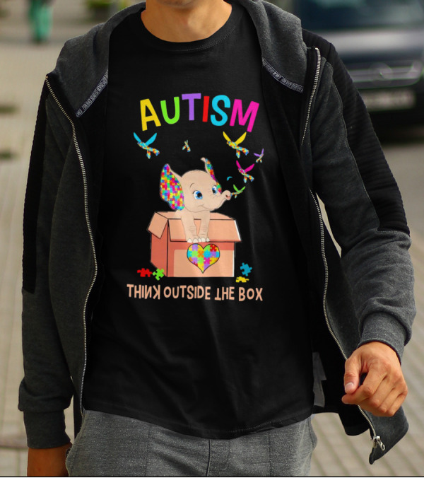 AUTISM Think Outside The Box Elephant With Puzzle Pieces And Butterflies T-Shirt