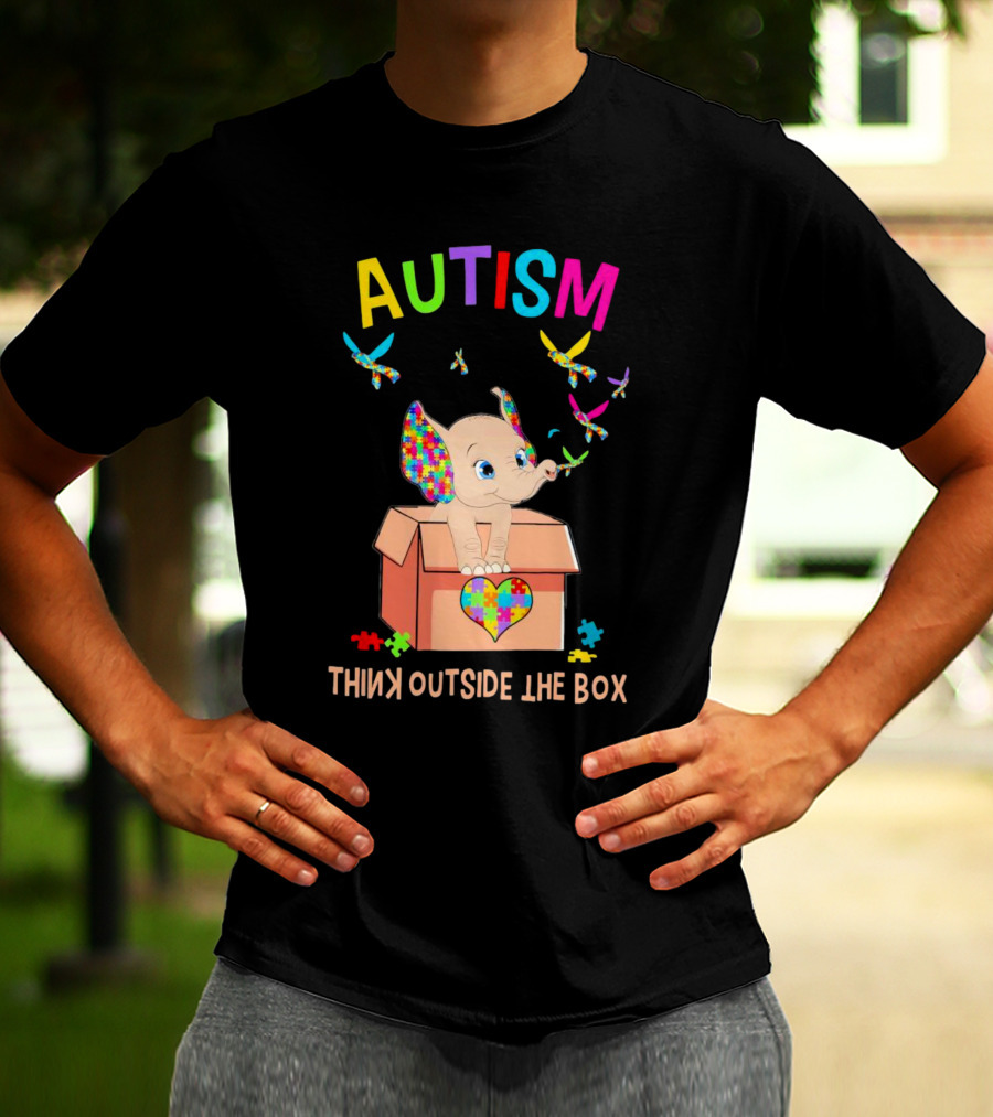 AUTISM Think Outside The Box Elephant With Puzzle Pieces And Butterflies T-Shirt