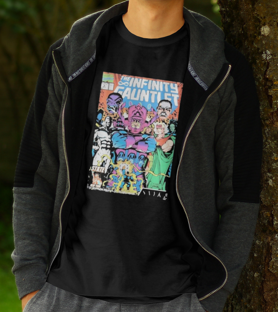 The Infinity Gauntlet Marvel Comics Cover Featuring Iconic Characters Galactus And Artistry T-Shirt