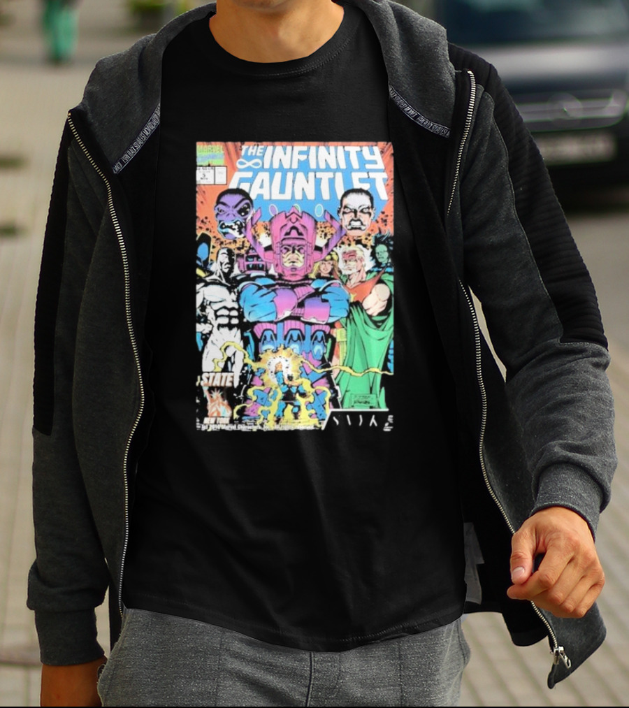 The Infinity Gauntlet Marvel Comics Cover Featuring Iconic Characters Galactus And Artistry T-Shirt