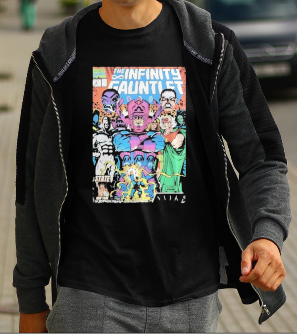 The Infinity Gauntlet Marvel Comics Cover Featuring Iconic Characters Galactus And Artistry T-Shirt