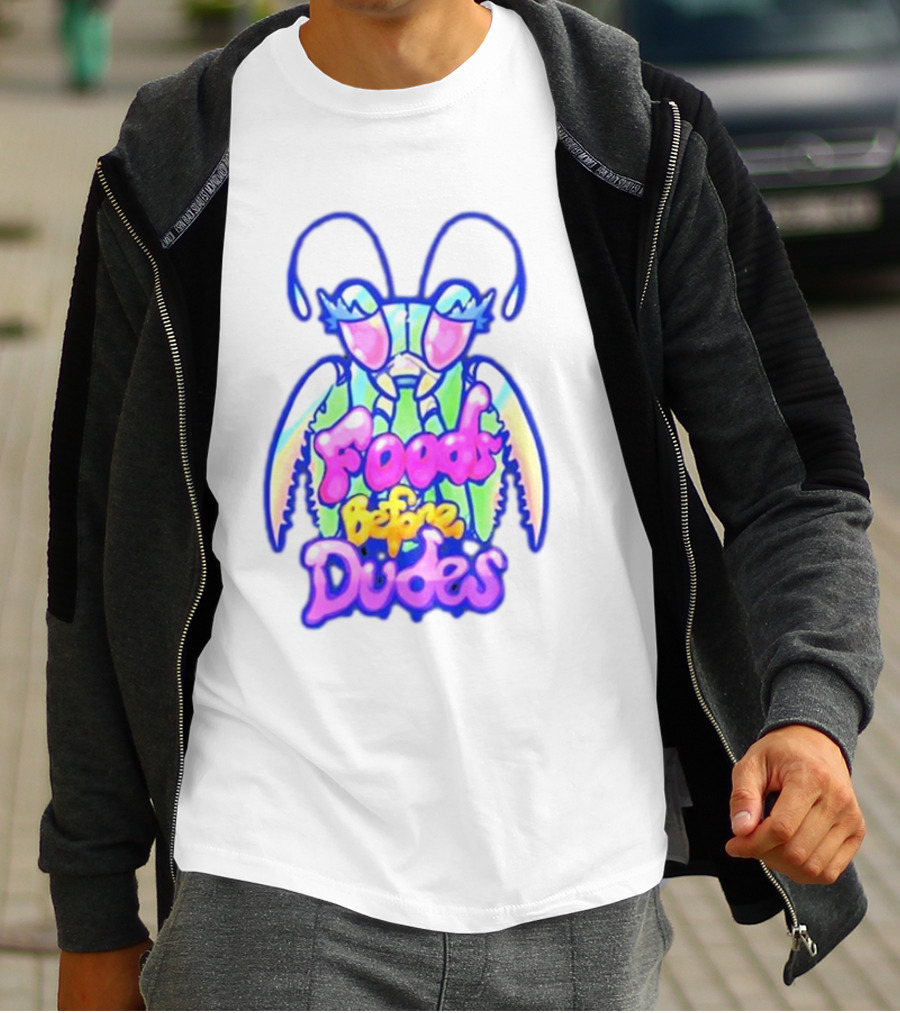 Mantis Neon Foods Before Dudes Colorful Insect Motif T-Shirt