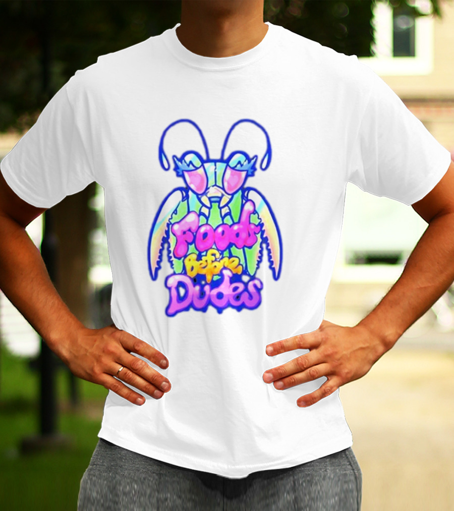 Mantis Neon Foods Before Dudes Colorful Insect Motif T-Shirt