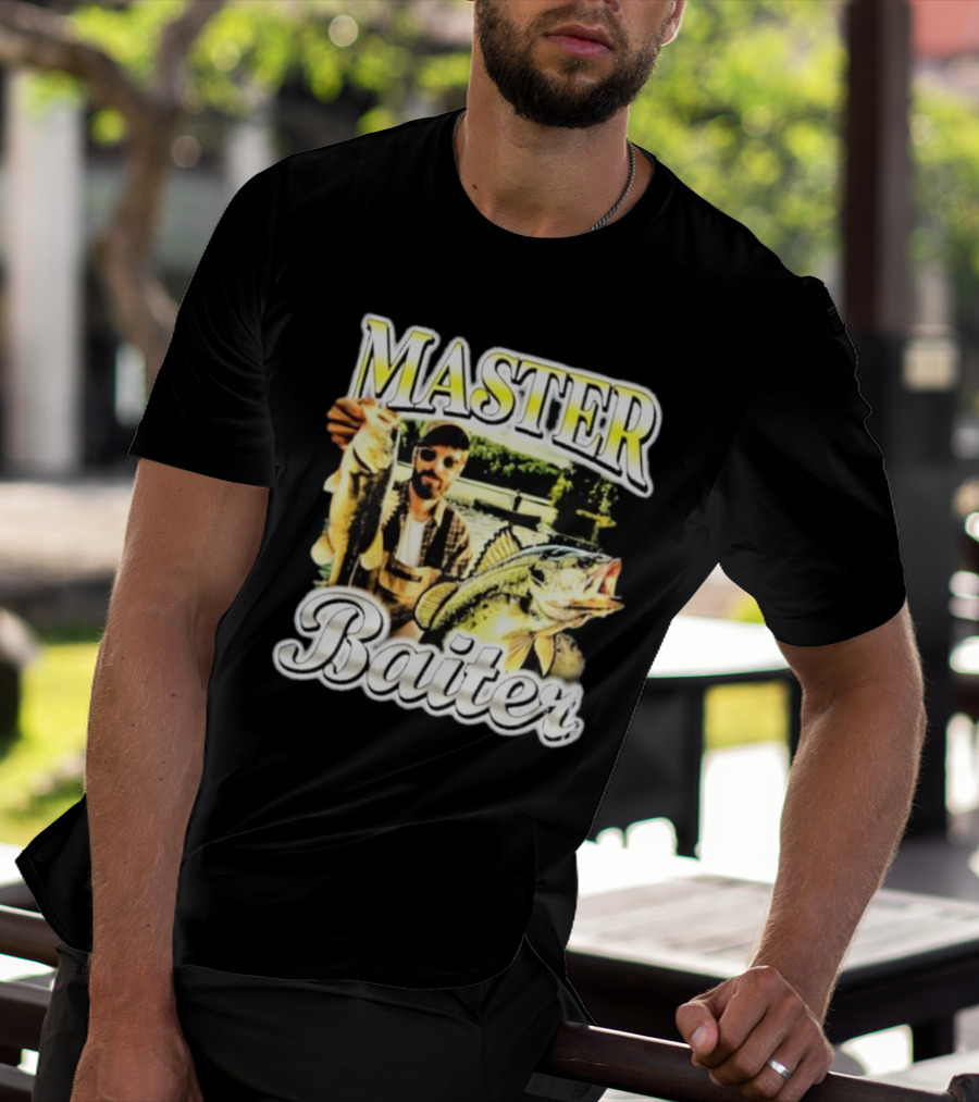 MASTER BAITER Fisherman Holding Fish In Lake Scene T-Shirt