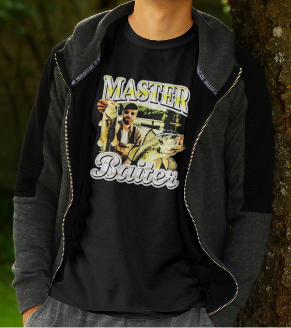 MASTER BAITER Fisherman Holding Fish In Lake Scene T-Shirt
