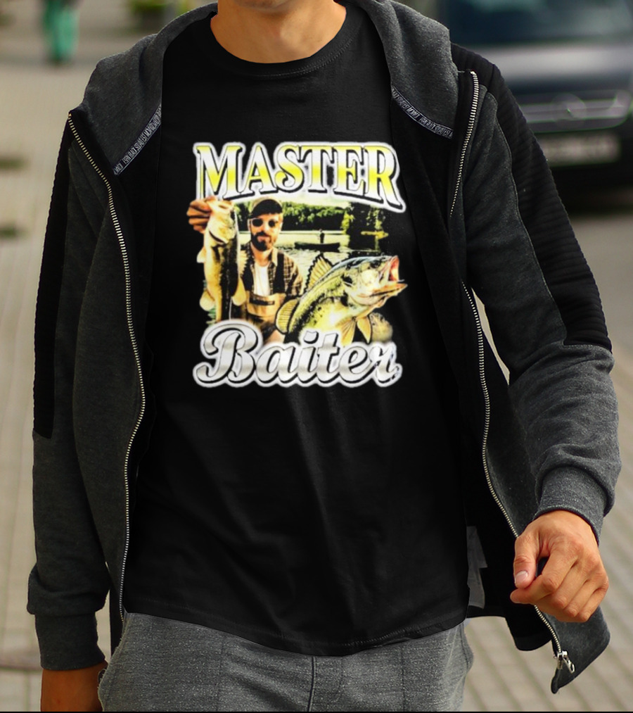 MASTER BAITER Fisherman Holding Fish In Lake Scene T-Shirt