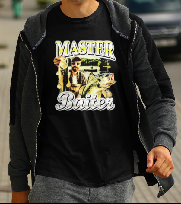 MASTER BAITER Fisherman Holding Fish In Lake Scene T-Shirt