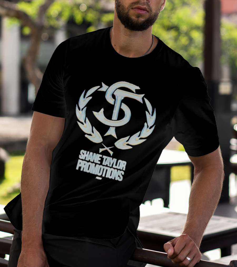Shane Taylor Promotions ST Logo With Wreath Symbol Above AEW Text T-Shirt