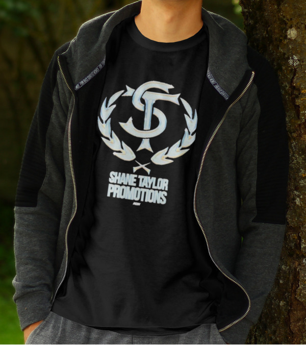 Shane Taylor Promotions ST Logo With Wreath Symbol Above AEW Text T-Shirt