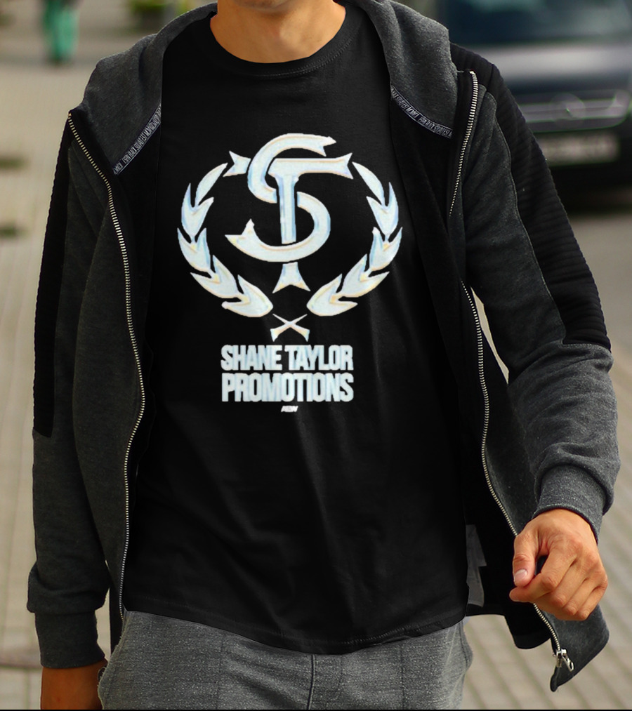 Shane Taylor Promotions ST Logo With Wreath Symbol Above AEW Text T-Shirt