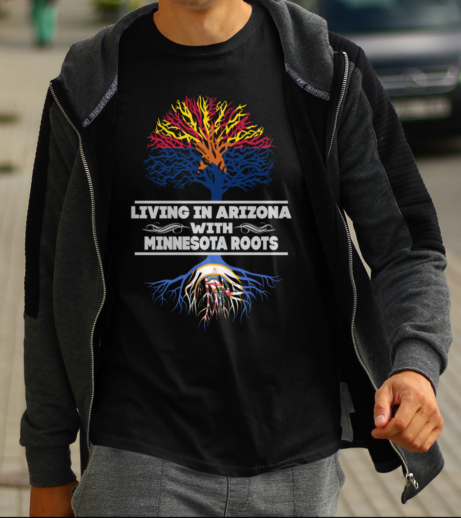 Living In Arizona With Minnesota Roots Tree Design With Dual State Colors T-Shirt
