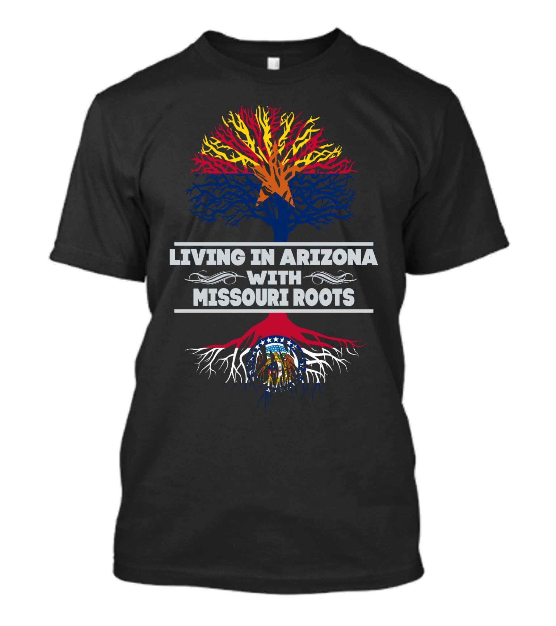 Living In Arizona With Missouri Roots Tree Design Featuring State Colors And Seal T-Shirt