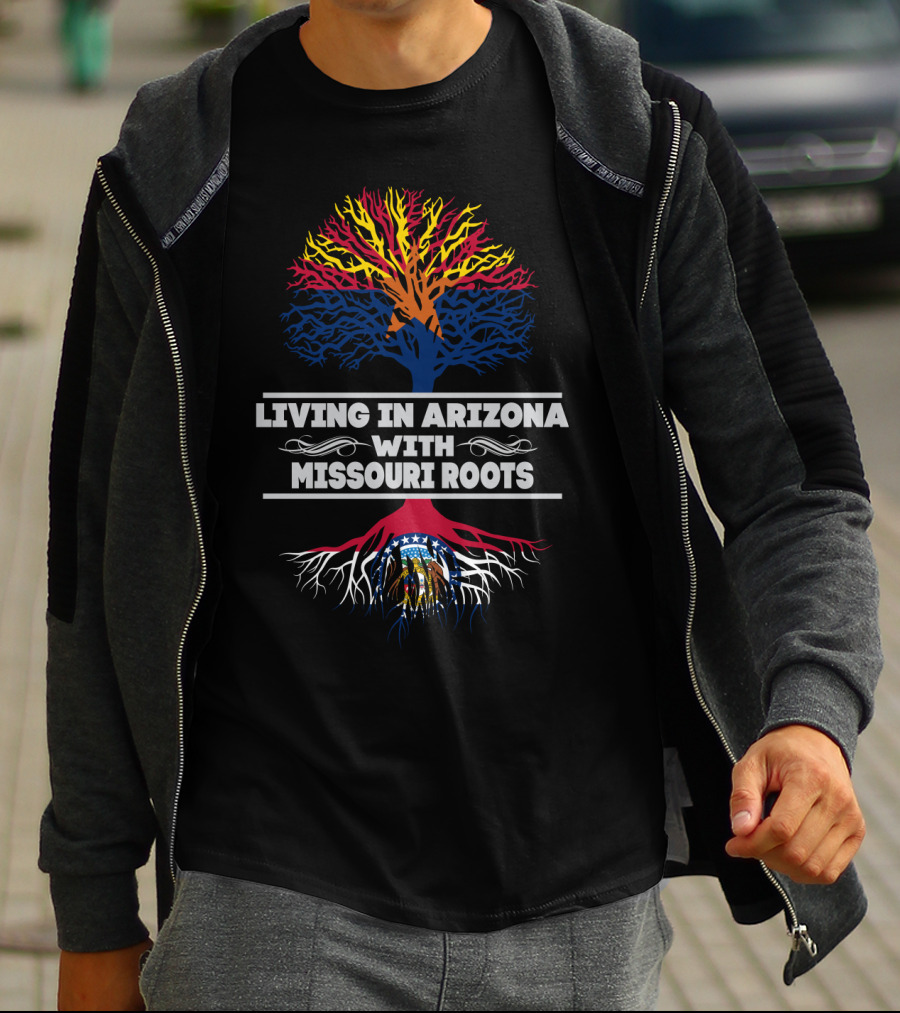 Living In Arizona With Missouri Roots Tree Design Featuring State Colors And Seal T-Shirt