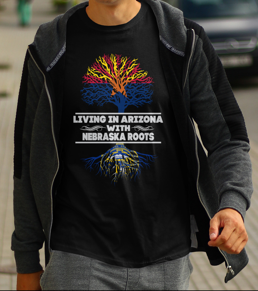 Living In Arizona With Nebraska Roots Arizona Sunset Tree And Nebraska State Seal T-Shirt