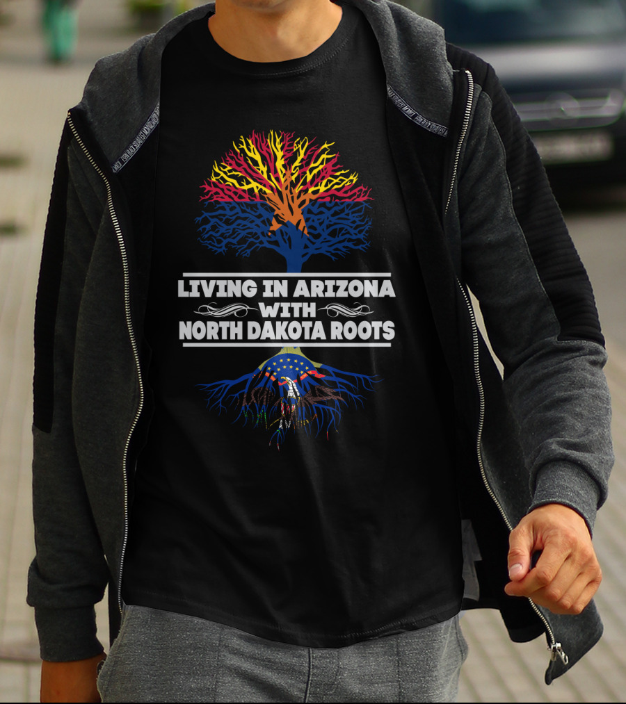 Living In Arizona With North Dakota Roots – Colorful Tree Design Incorporating State Flag T-Shirt