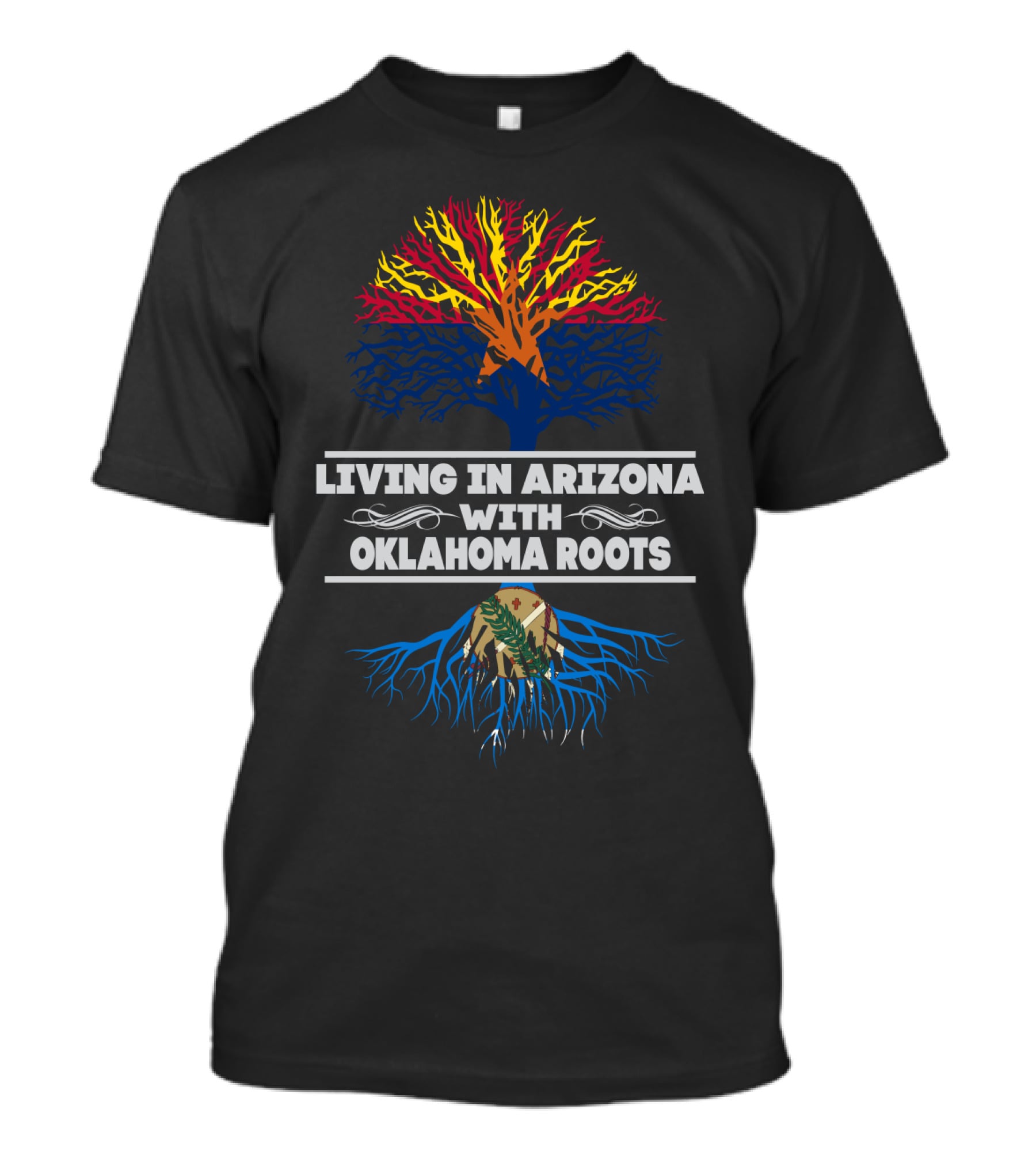 Living In Arizona With Oklahoma Roots Tree Design Featuring State Symbols And Colors T-Shirt