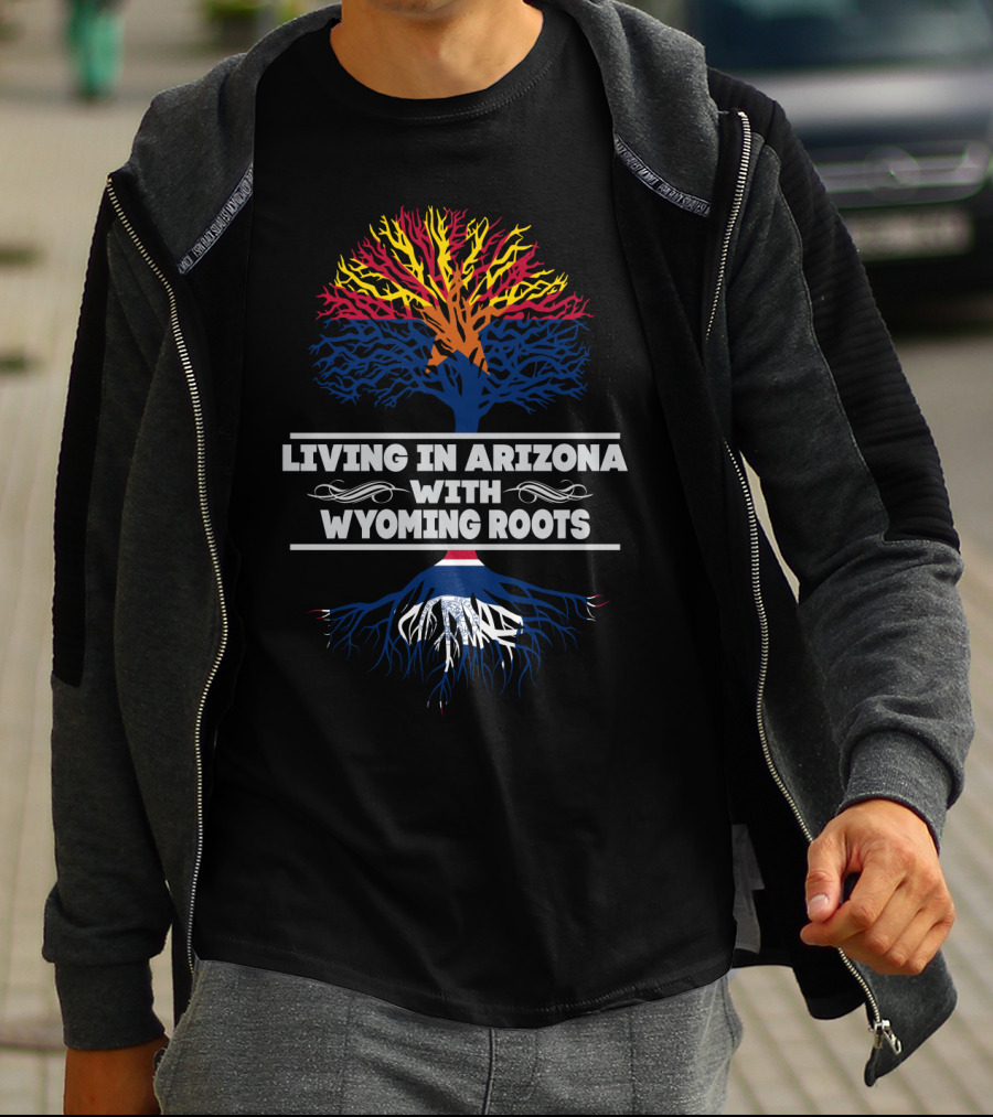 Living In Arizona With Wyoming Roots Tree With State Colors And Roots Symbolism T-Shirt
