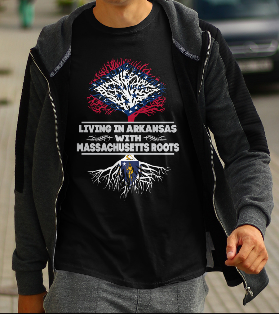 Living In Arkansas With Massachusetts Roots Featuring State Flag Tree Symbolism T-Shirt