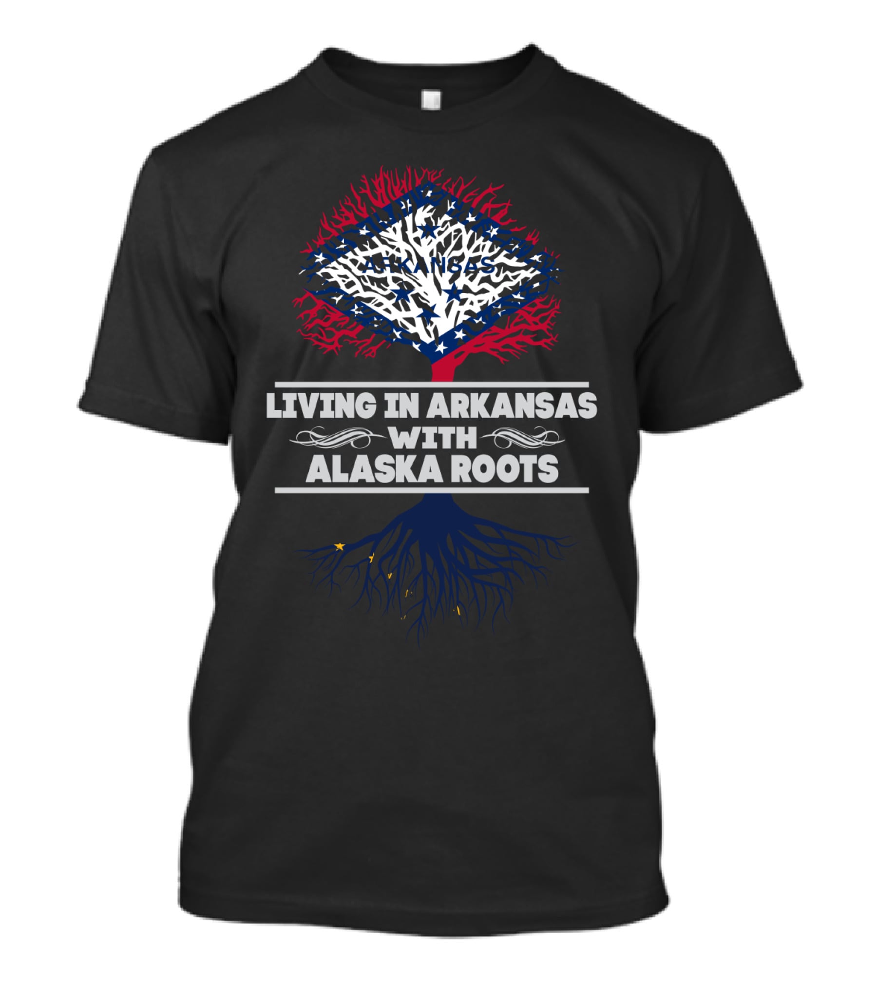 Living In Arkansas With Alaska Roots Patriotic Tree T-Shirt