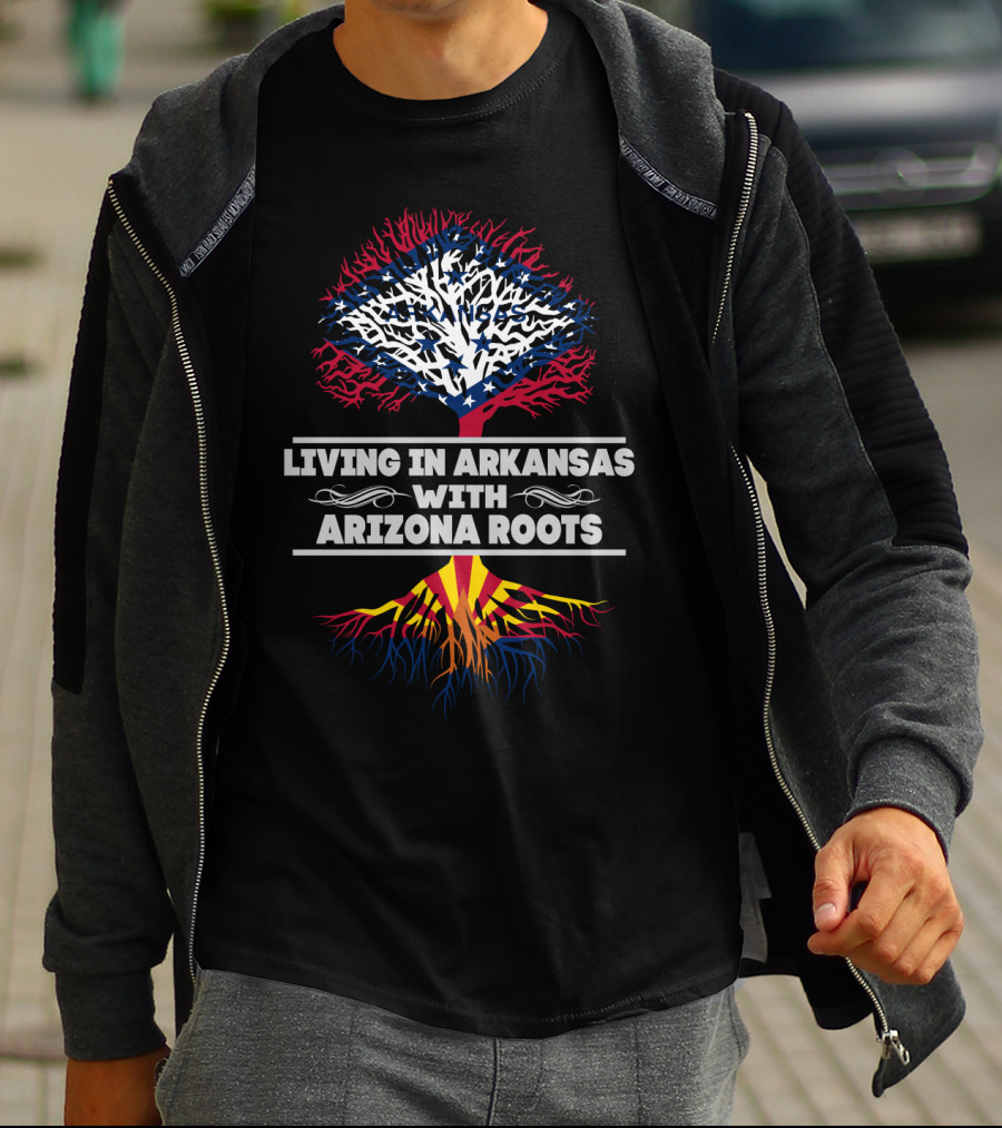 Living In Arkansas With Arizona Roots Tree Design Featuring State Flag Elements T-Shirt