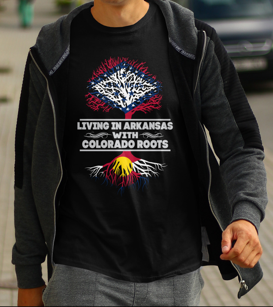 Living In Arkansas With Colorado Roots Tree Design Featuring State Flag Colors And Symbols T-Shirt