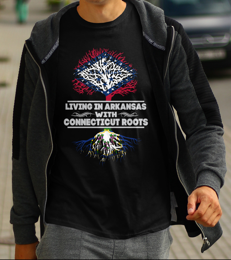 Arkansas Living With Connecticut Roots Tree Design Featuring State Flag Colors And Symbols T-Shirt