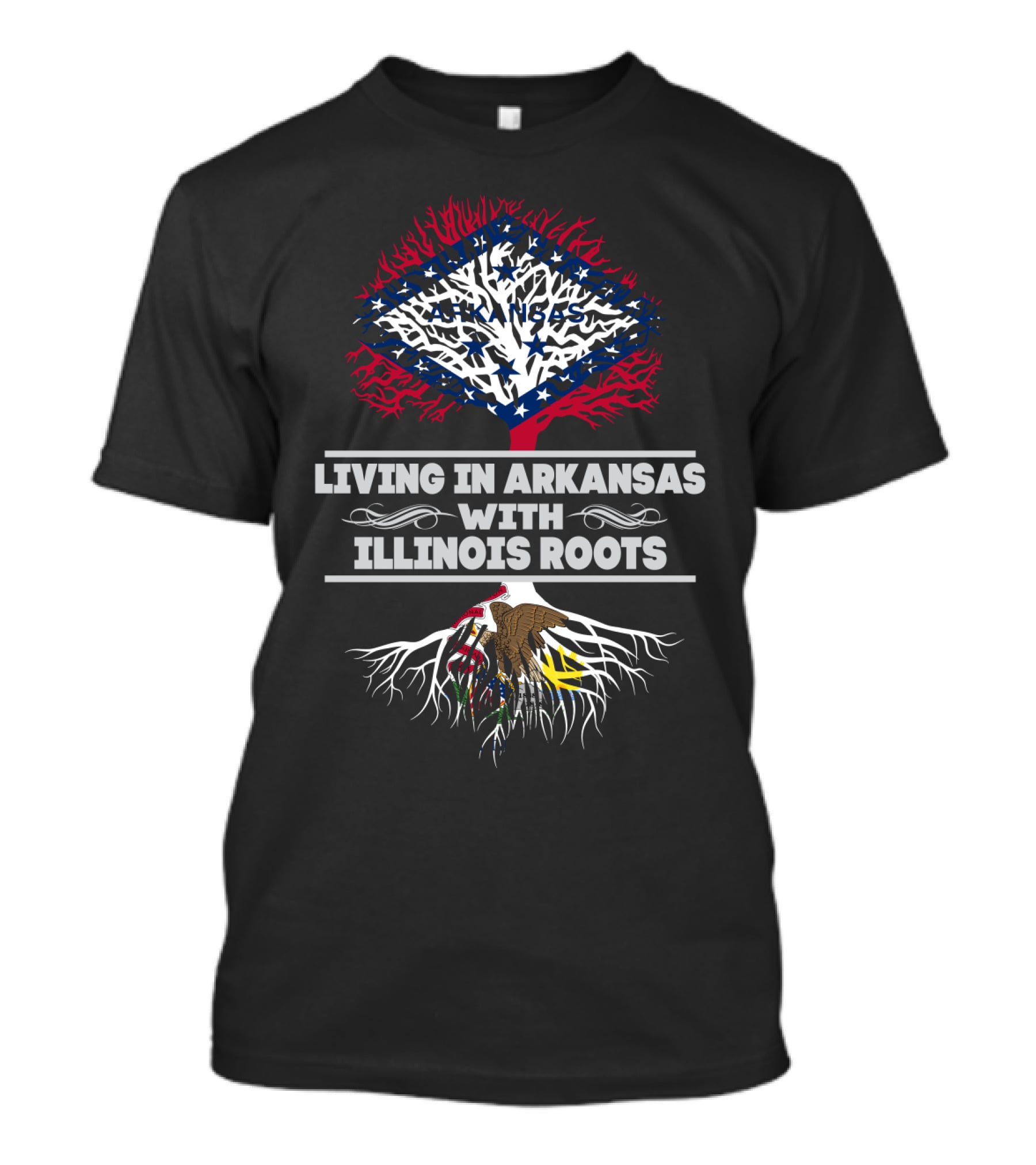 Arkansas Living Illinois Roots Patriotic Tree Design With State Flags And Eagle T-Shirt