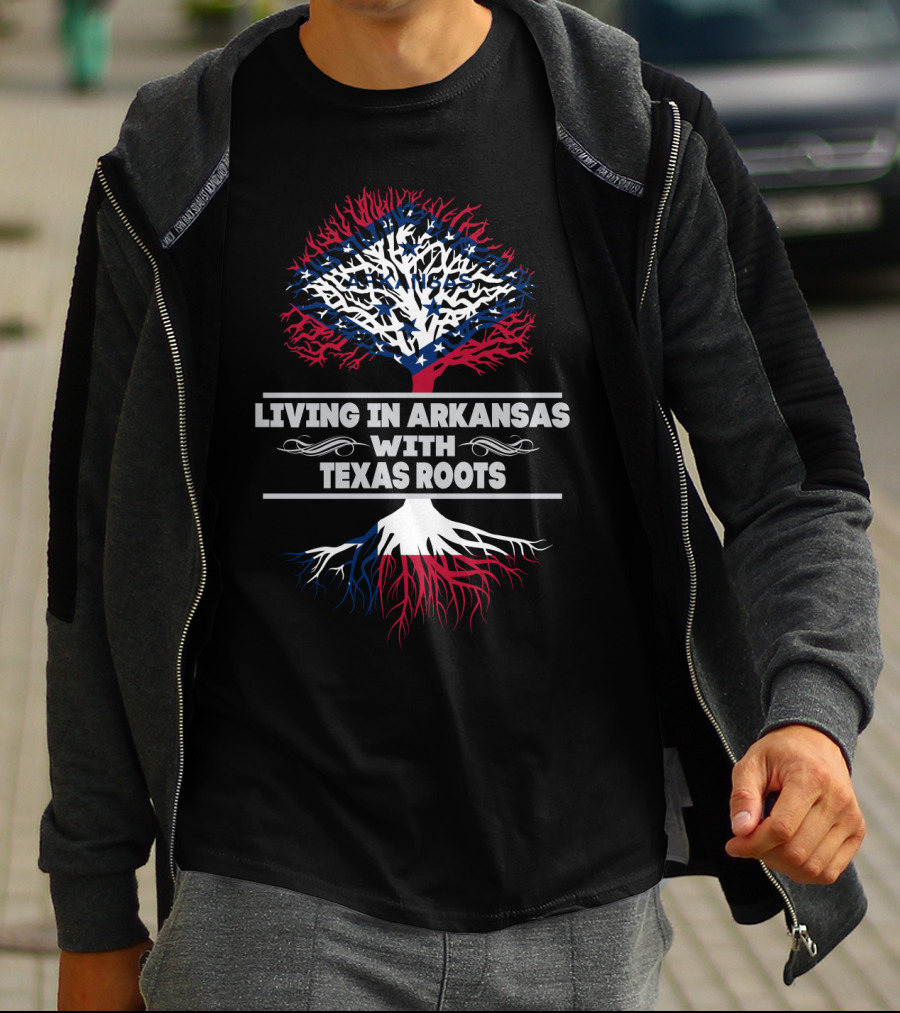 Living In Arkansas With Texas Roots Tree Design Featuring State Flags T-Shirt