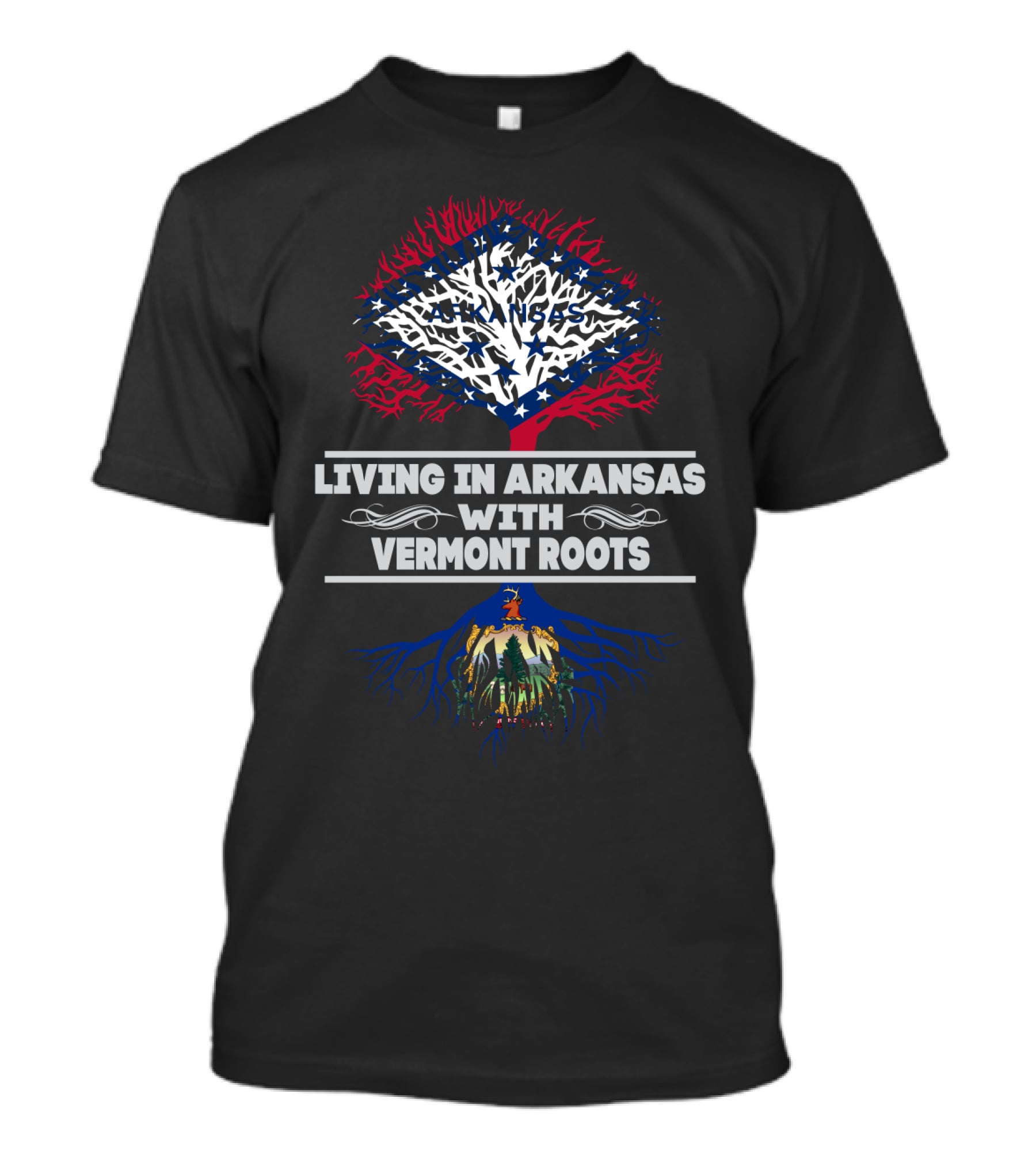Living In Arkansas With Vermont Roots Tree Design Featuring State Flag Colors T-Shirt