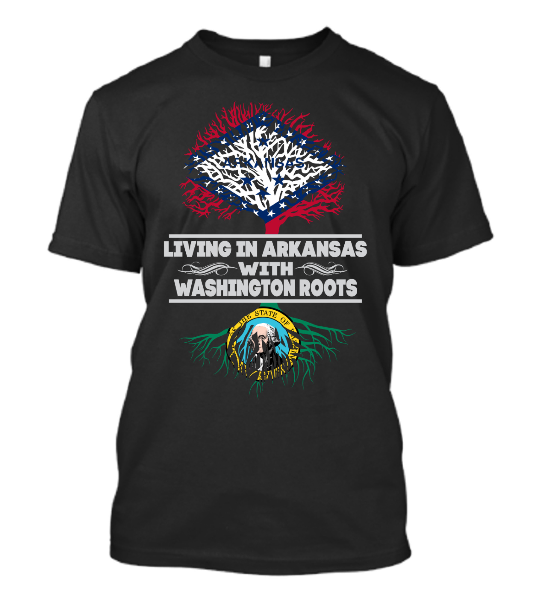 Living In Arkansas With Washington Roots Arkansas Flag And Washington State Seal Tree Roots T-Shirt