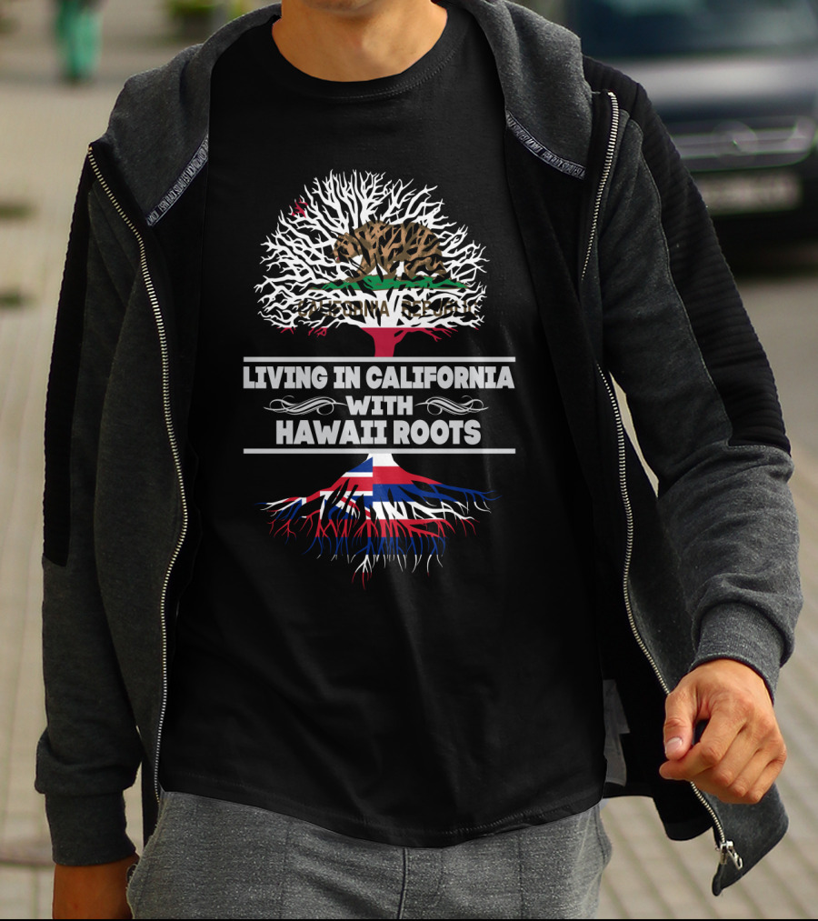 California Republic Bear And Hawaiian Flag Tree Roots - Living In California With Hawaii Roots T-Shirt