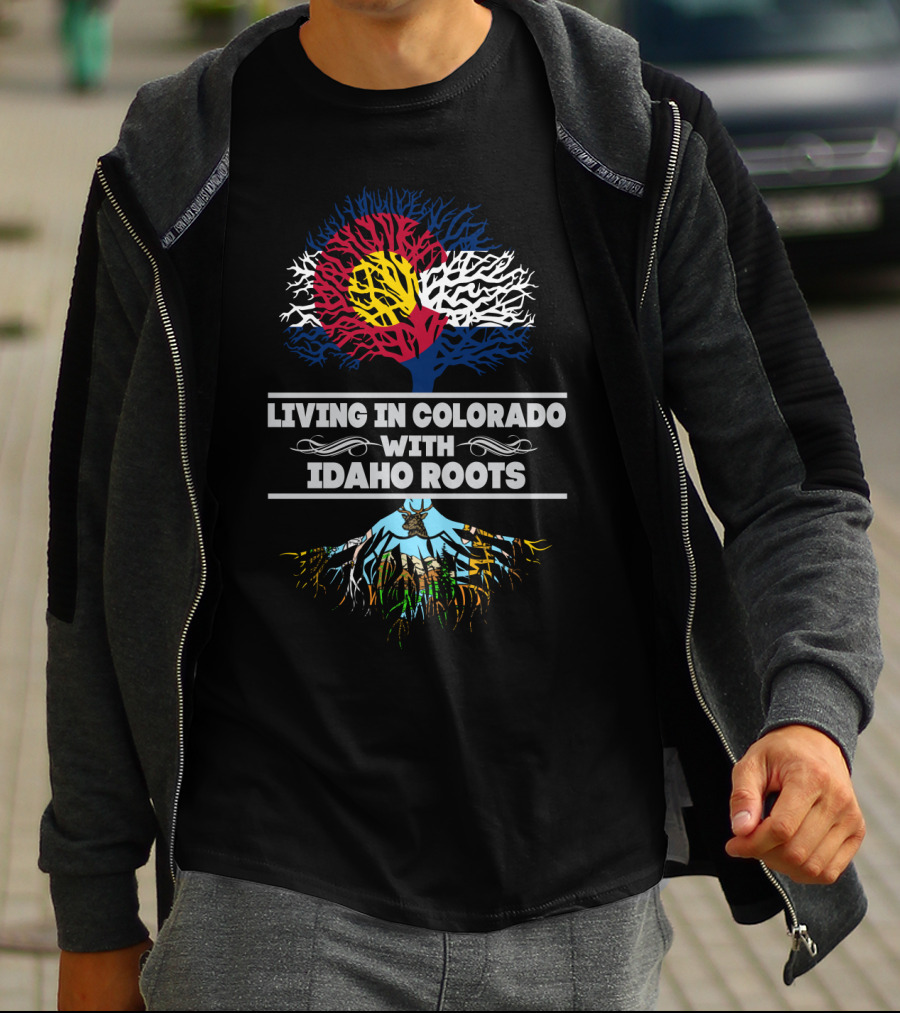 Colorado Flag And Tree Symbolizing Living In Colorado With Idaho Roots T-Shirt