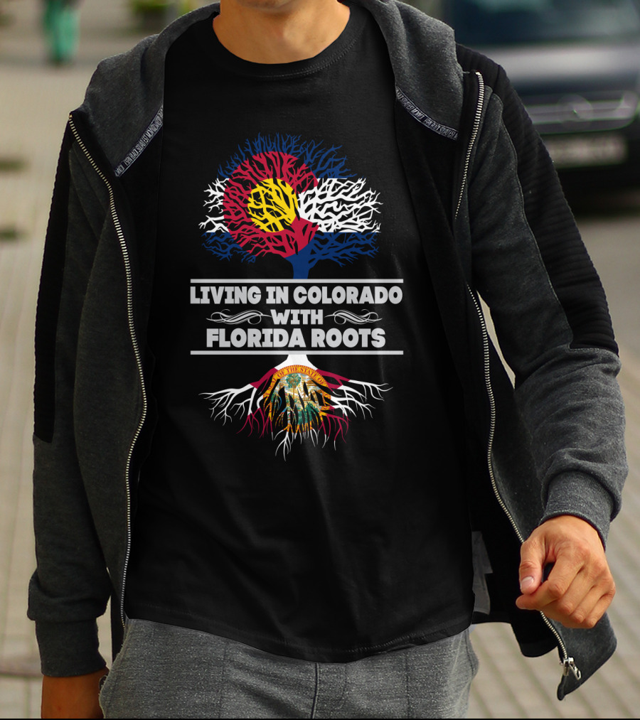 Living In Colorado With Florida Roots Featuring Colorado Flag Tree And Florida State Seal Roots T-Shirt