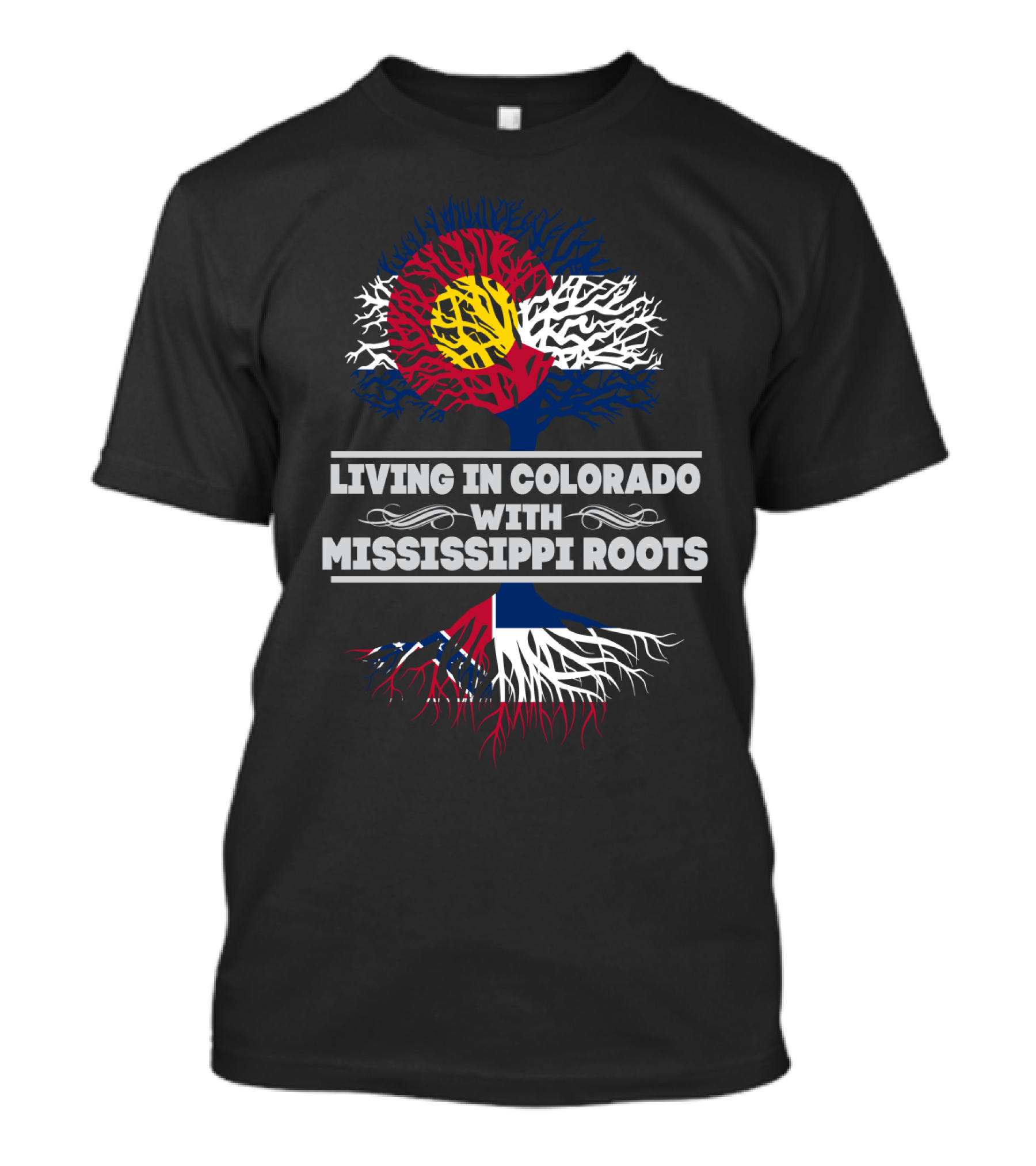 Living In Colorado With Mississippi Roots Tree Design Featuring State Flag Colors T-Shirt