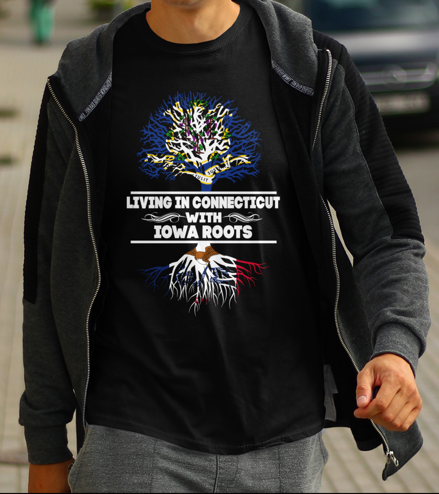 Living In Connecticut With Iowa Roots Tree Design Featuring State Flags T-Shirt