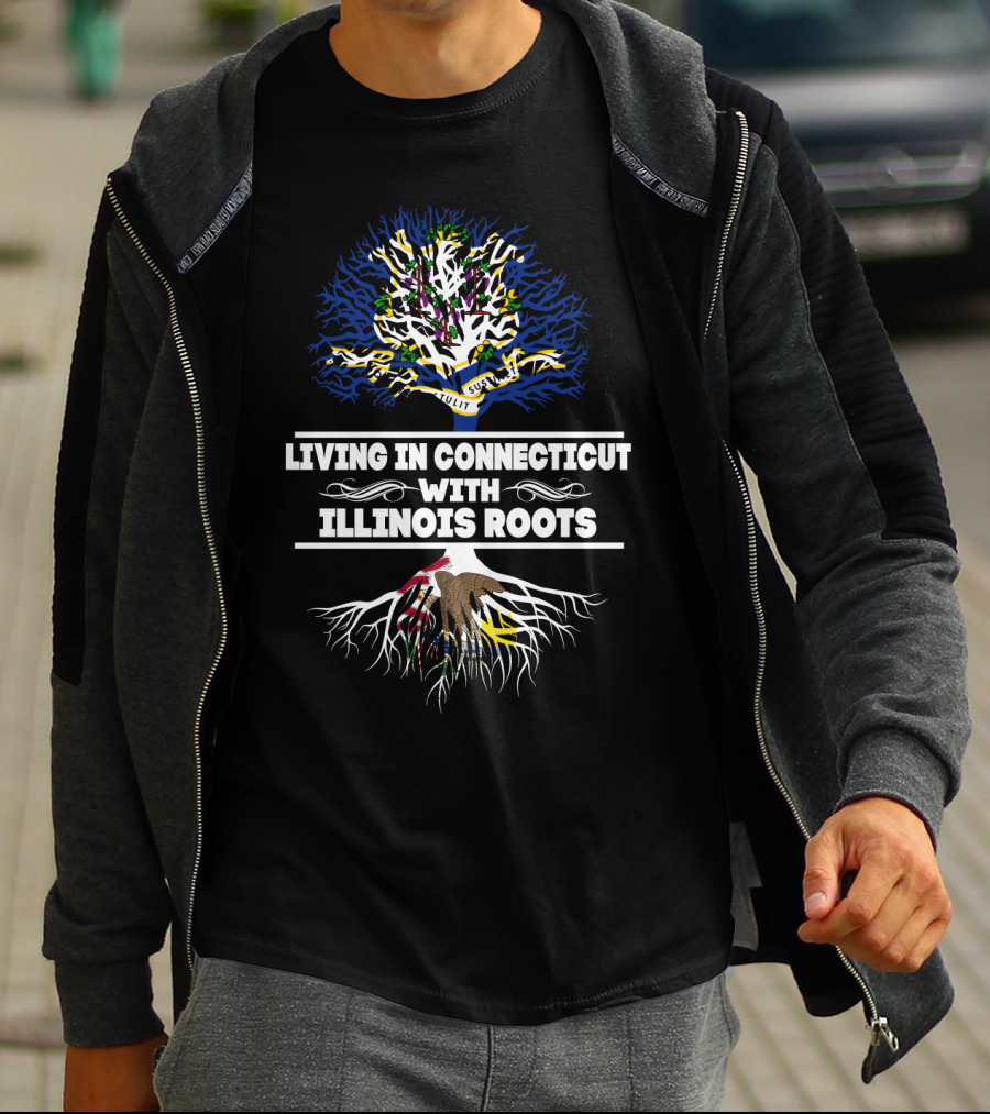 Living In Connecticut With Illinois Roots Tree With State Flag Colors And Seal Symbolism T-Shirt