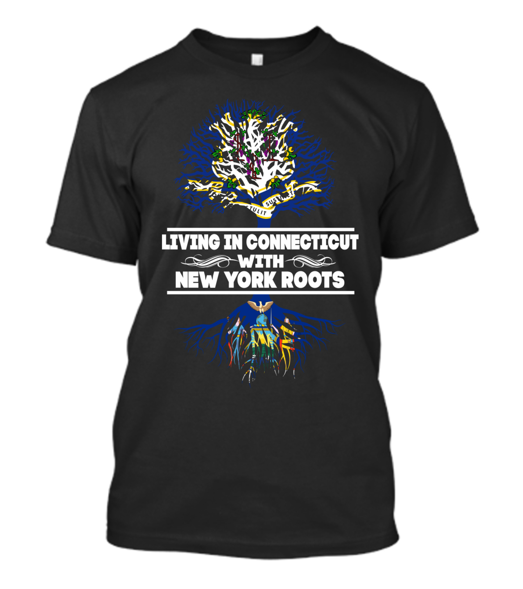 Living In Connecticut With New York Roots Tree Symbol Featuring State Colors T-Shirt