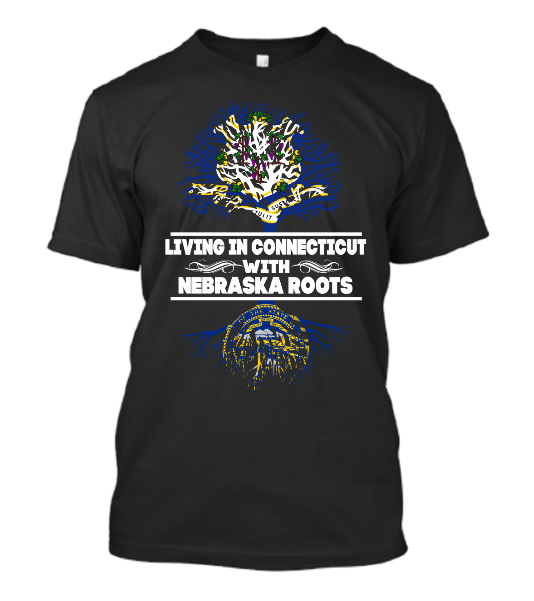 Connecticut Life With Strong Nebraska Heritage Featuring State Flags And Symbolic Tree T-Shirt