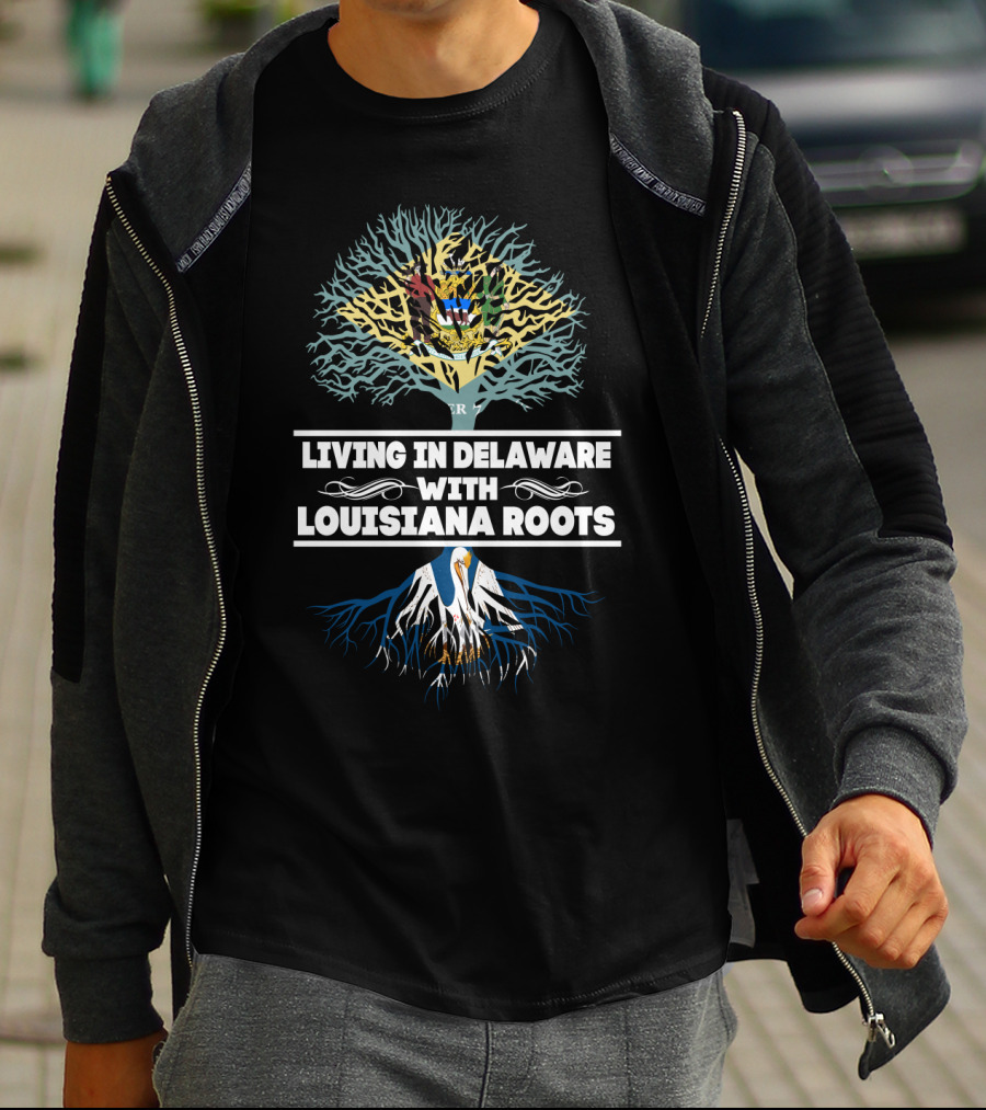 Living In Delaware With LOUISIANA Roots Tree Design Featuring State Symbols T-Shirt