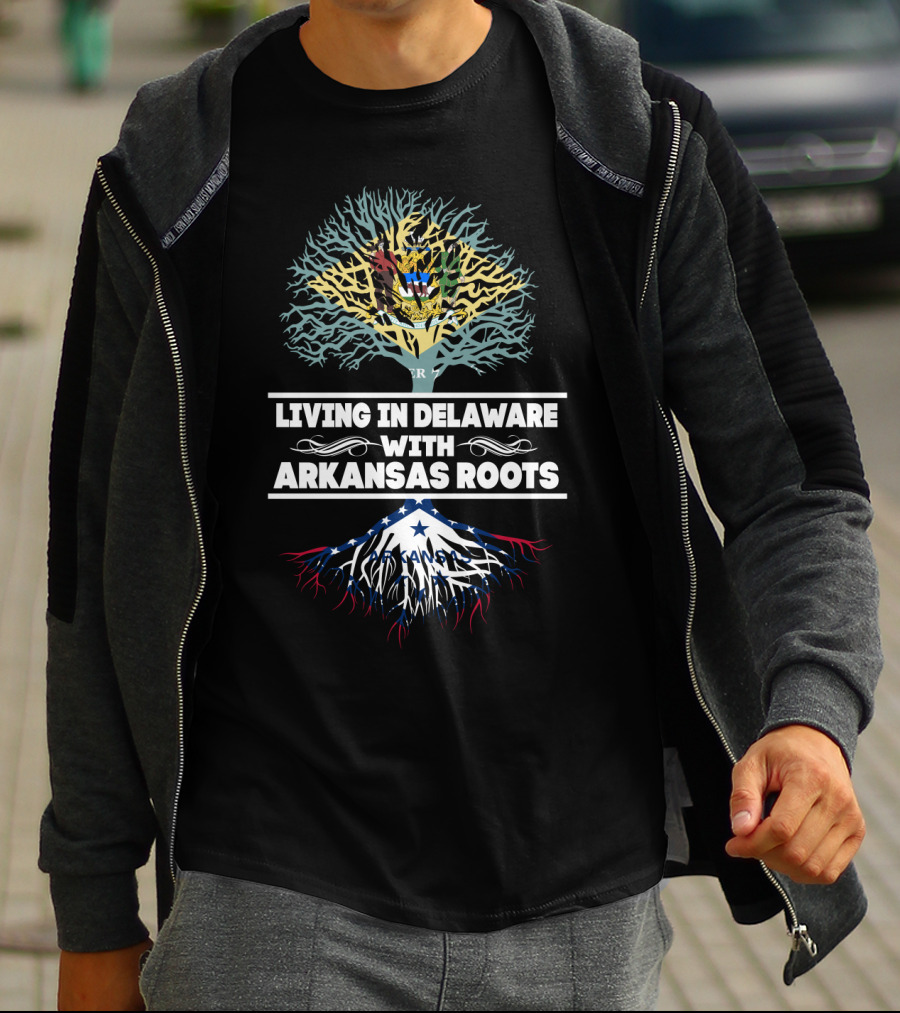 Living In Delaware With Arkansas Roots Tree Design Featuring Intertwined State Flags T-Shirt