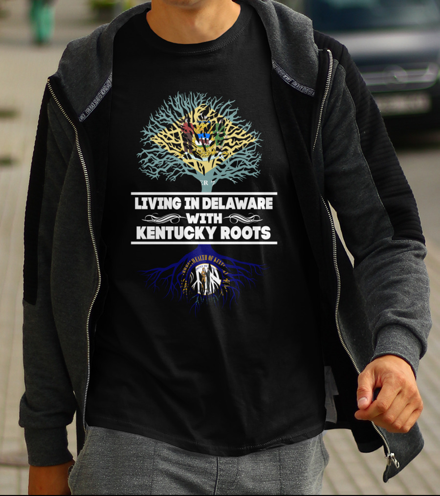 Living In Delaware With Kentucky Roots Tree Design Featuring State Crests T-Shirt