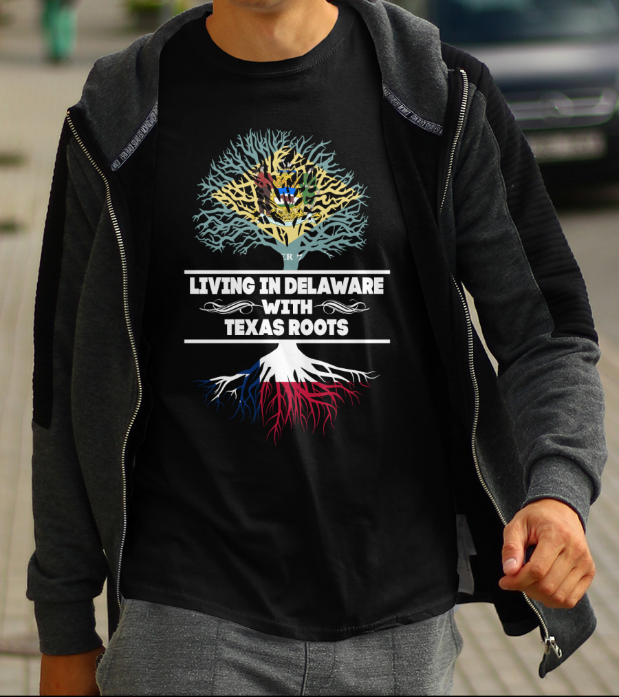Living In Delaware With Texas Roots Tree Design Featuring Delaware Seal And Texas Flag Colors T-Shirt